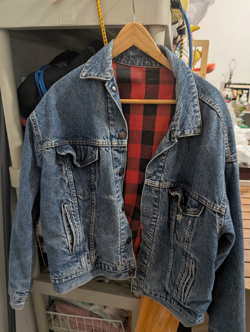 Vintage Levi’s Denim Buffalo Check Red Black Jacket Mens 40 As Is